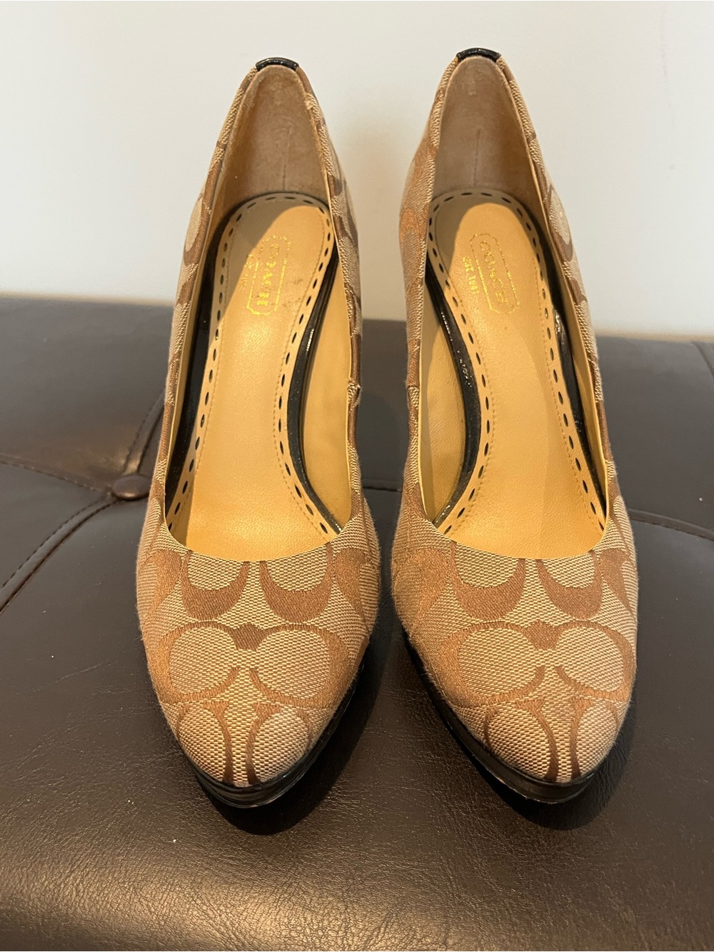 Coach Signature Canvas Pointed-Toe Heels in Tan